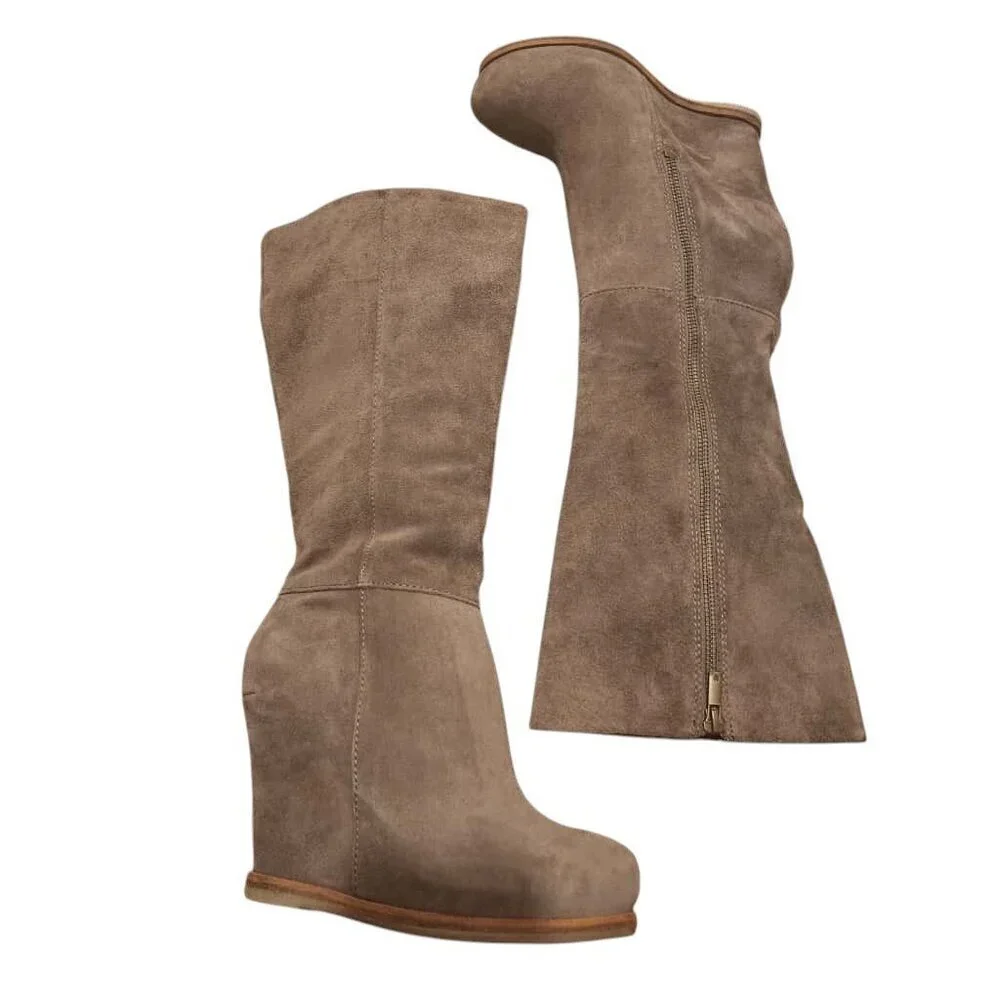 Lucky Brand Wedge Heel Boots Women's Brown Suede Leather Size 8M Fits 6.5-7